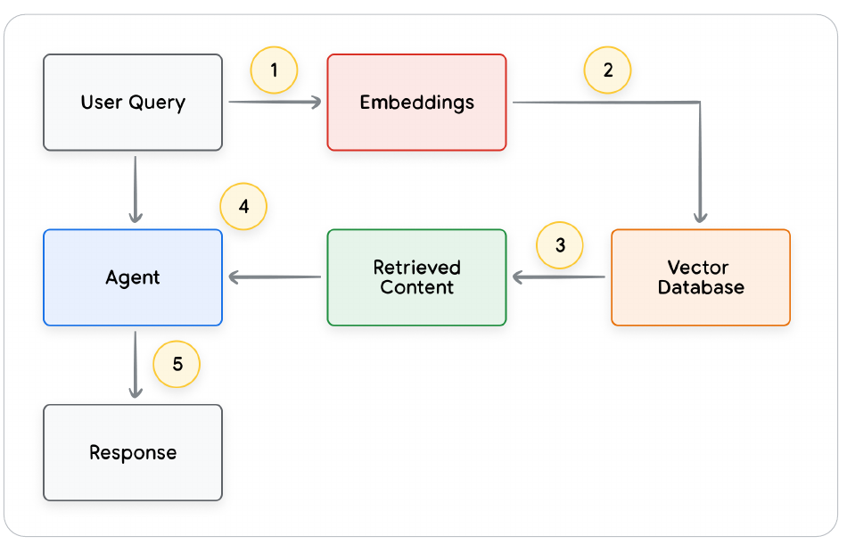 Five-step RAG lifecycle from user query to embeddings, vector database, retrieved content, agent, and response.