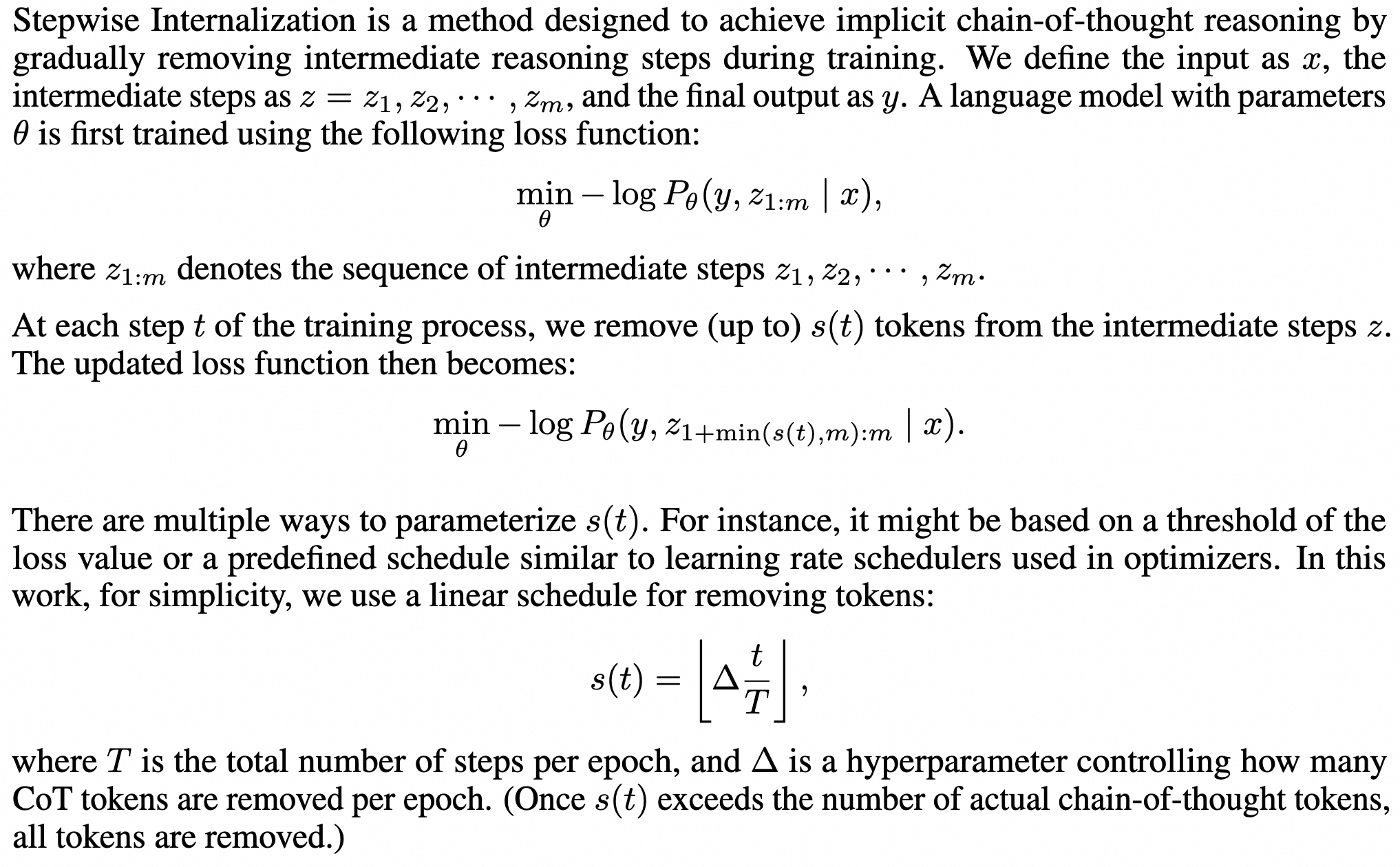 Stepwise internalization objective that progressively removes explicit chain-of-thought tokens