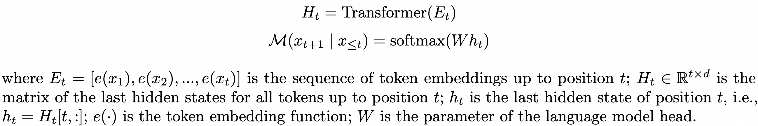 Equations for a standard Transformer language model and its next-token distribution