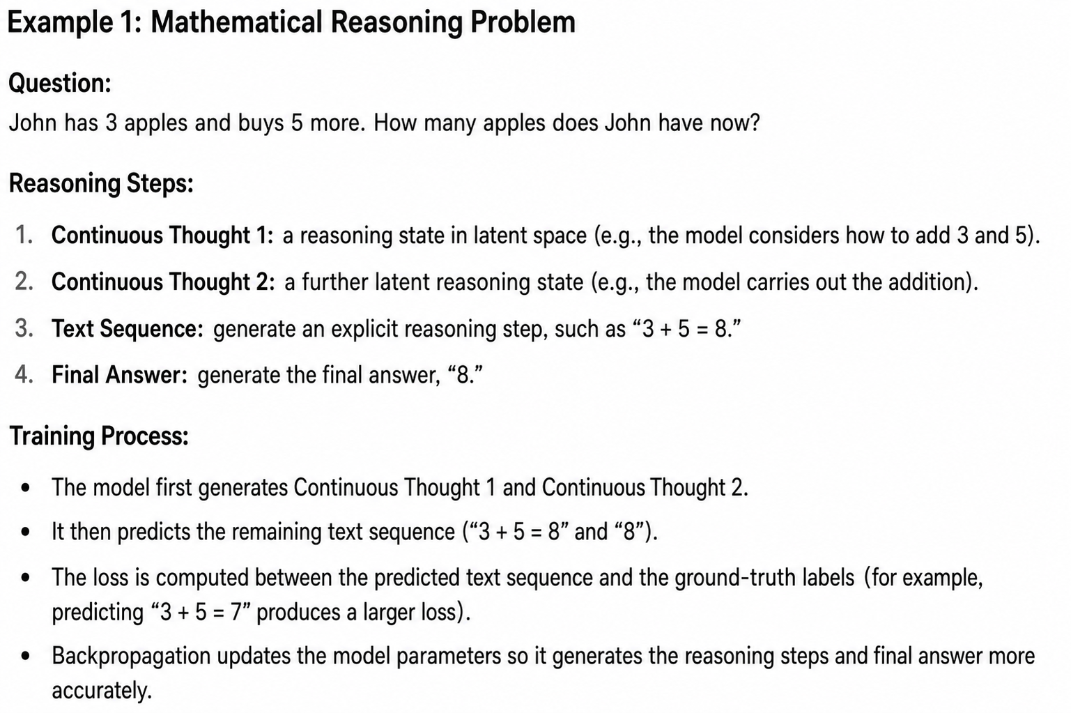 English mathematical example of training with two continuous thoughts followed by a textual calculation and answer